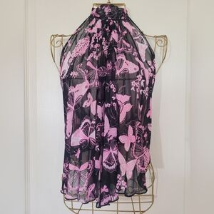 19. Pink and Black Butterfly Flowy Halter Cut Top With Tie Back Size S